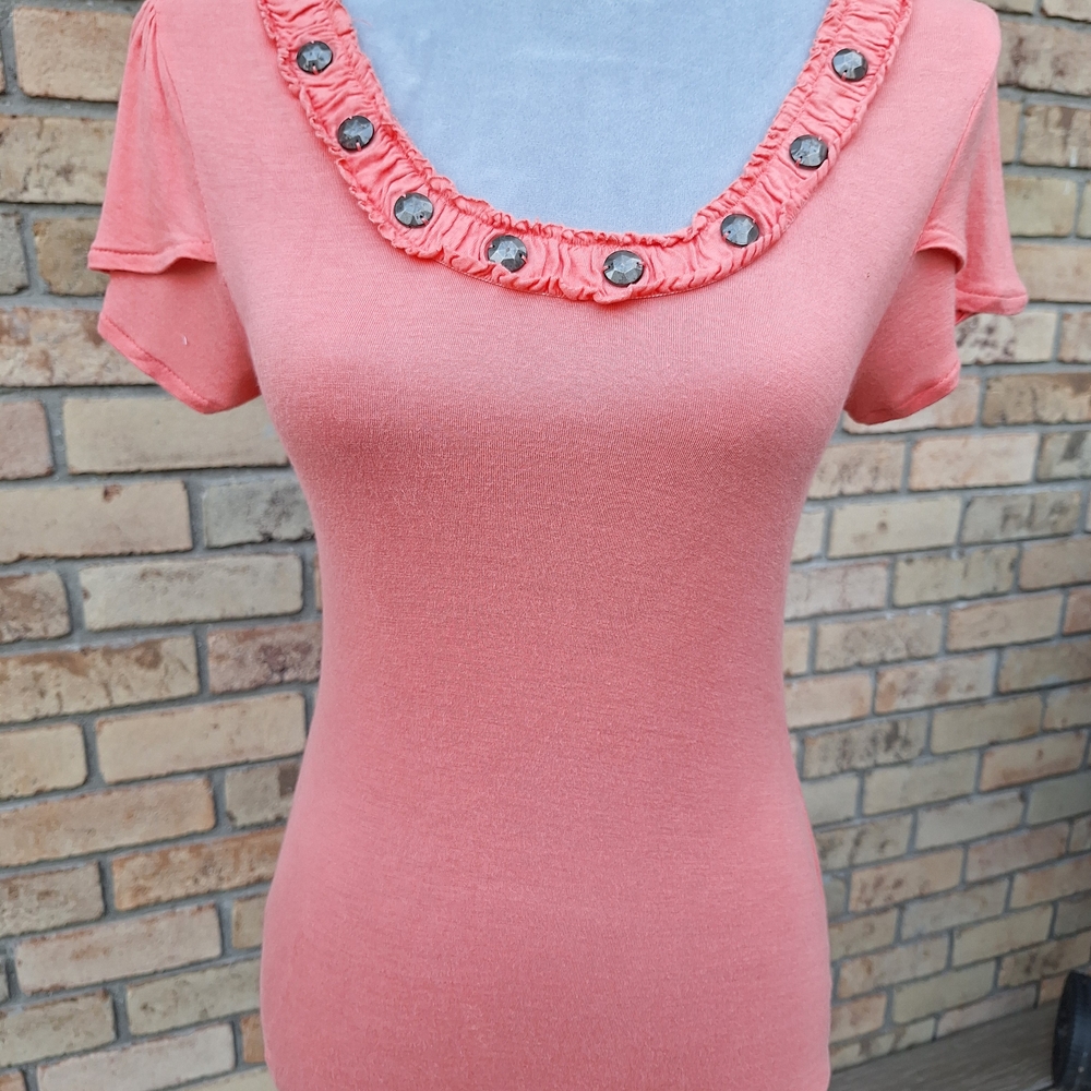 Chic Coral Women's Blouse with Decorative Neckline